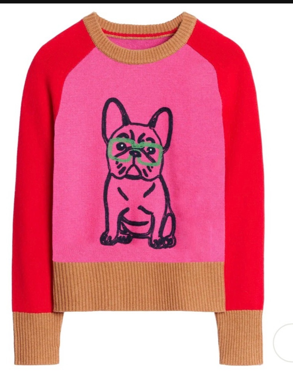 OXKNIT WOMEN’S PINK FRENCH BULLDOG SWEATER – RED SLEEVES & RETRO VIBE L